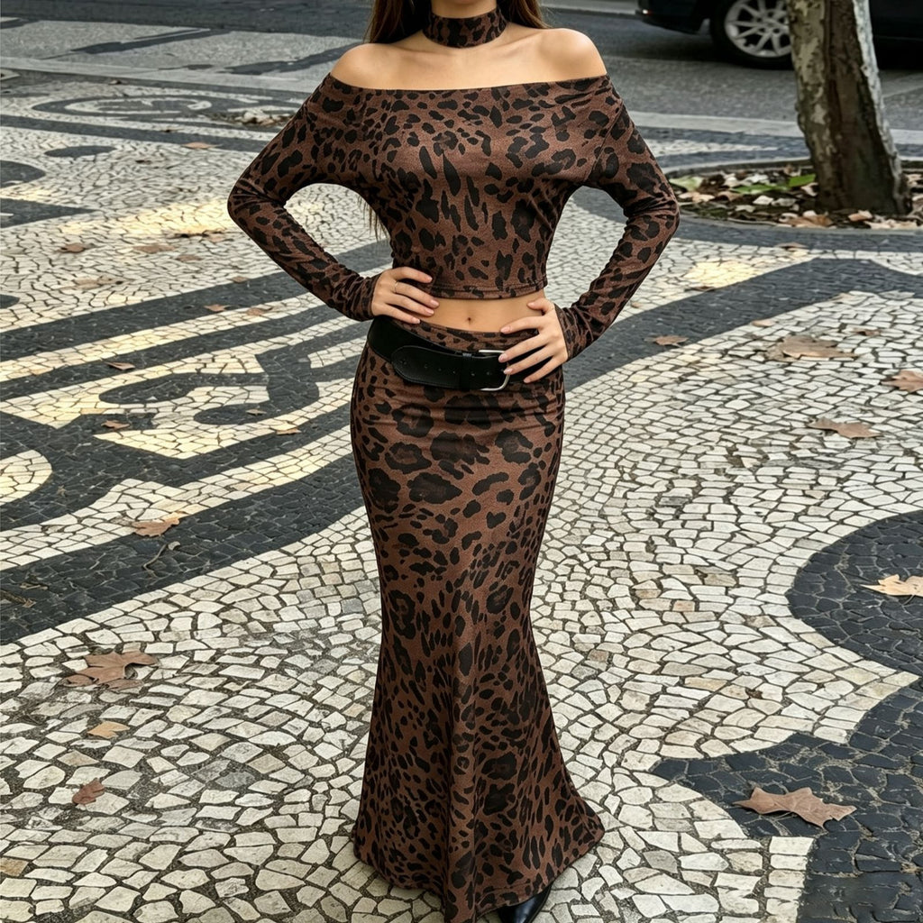 Women's Leopard Print Off-Shoulder Top And Skirt Set