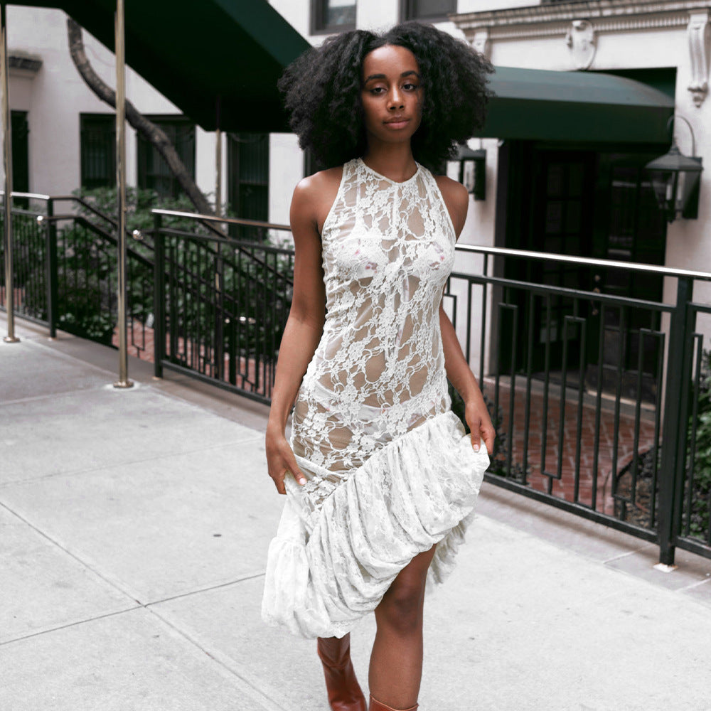 Lace Asymmetric Sleeveless Bodycon Midi Dress