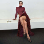 Women's Autumn Winter Women Sexy Mesh Slim Fit Turtleneck See Through Jumpsuit Split Skirt Set