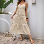Lace Patchwork A-Line Striped Spaghetti-Strap Dress