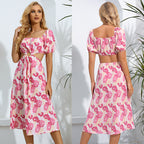 Women's Summer Square Collar Women Printed Wear Cropped Outfit Sexy Slim Fit Short Sleeve Dress