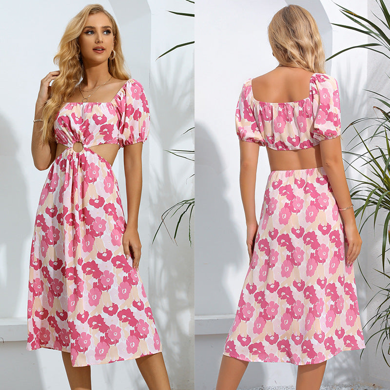 Women's Summer Square Collar Women Printed Wear Cropped Outfit Sexy Slim Fit Short Sleeve Dress