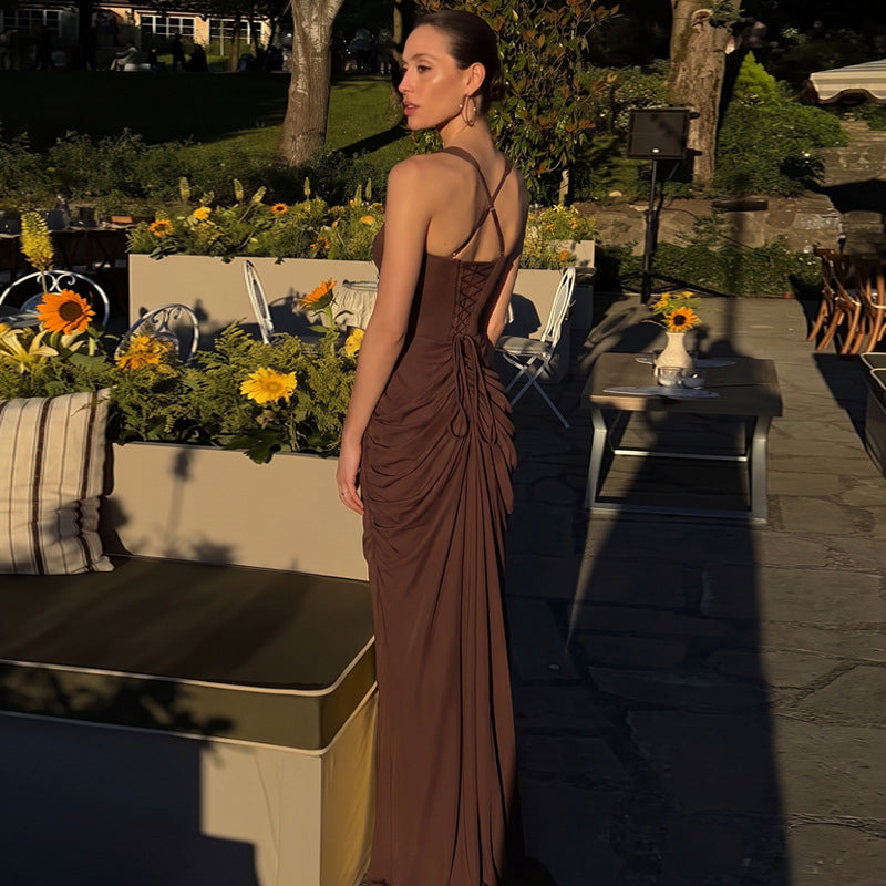 Women's White Pleated Halter Maxi Dress