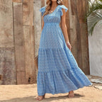 Women's V-Neck Floral Ruffle Butterfly-Sleeve Dress