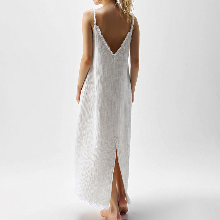 White Cotton V-Neck Split Cami Dress