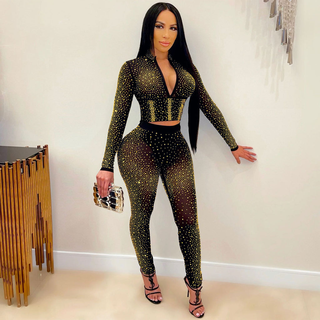 Women's Tight Mesh See-Through Long Top and Pants Two-Piece Set