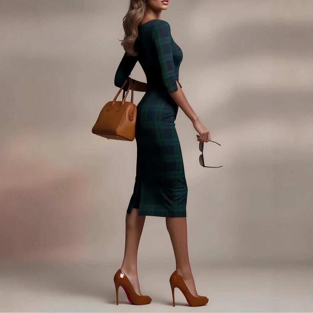 Women's Classic Plaid 3/4-Sleeve Fitted Dress
