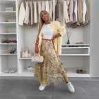 Summer Mesh Lemon Printing Elastic Waist Large Swing Skirt