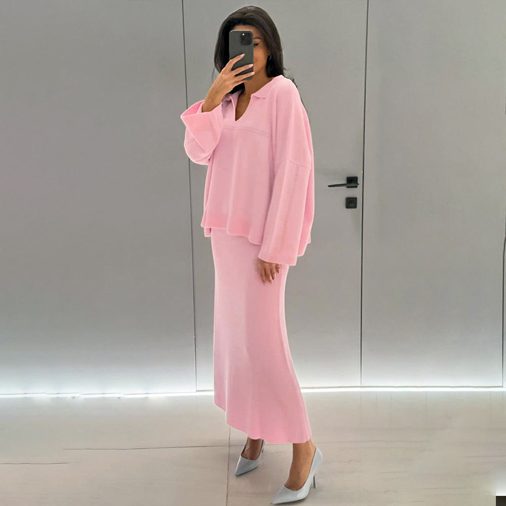 Women's Autumn Winter Minimalist V Neck Solid Color Loose Sweater Set