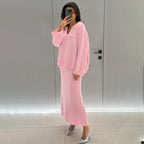 Women's Autumn Winter Minimalist V Neck Solid Color Loose Sweater Set