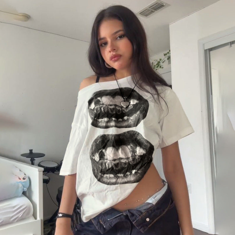 Women's Women’s White Graphic Lip Print One Shoulder T Shirt