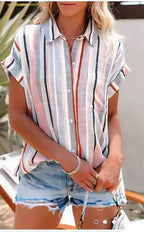 Women's Clothing Summer Striped Short-Sleeved Women Shirt Casual Top