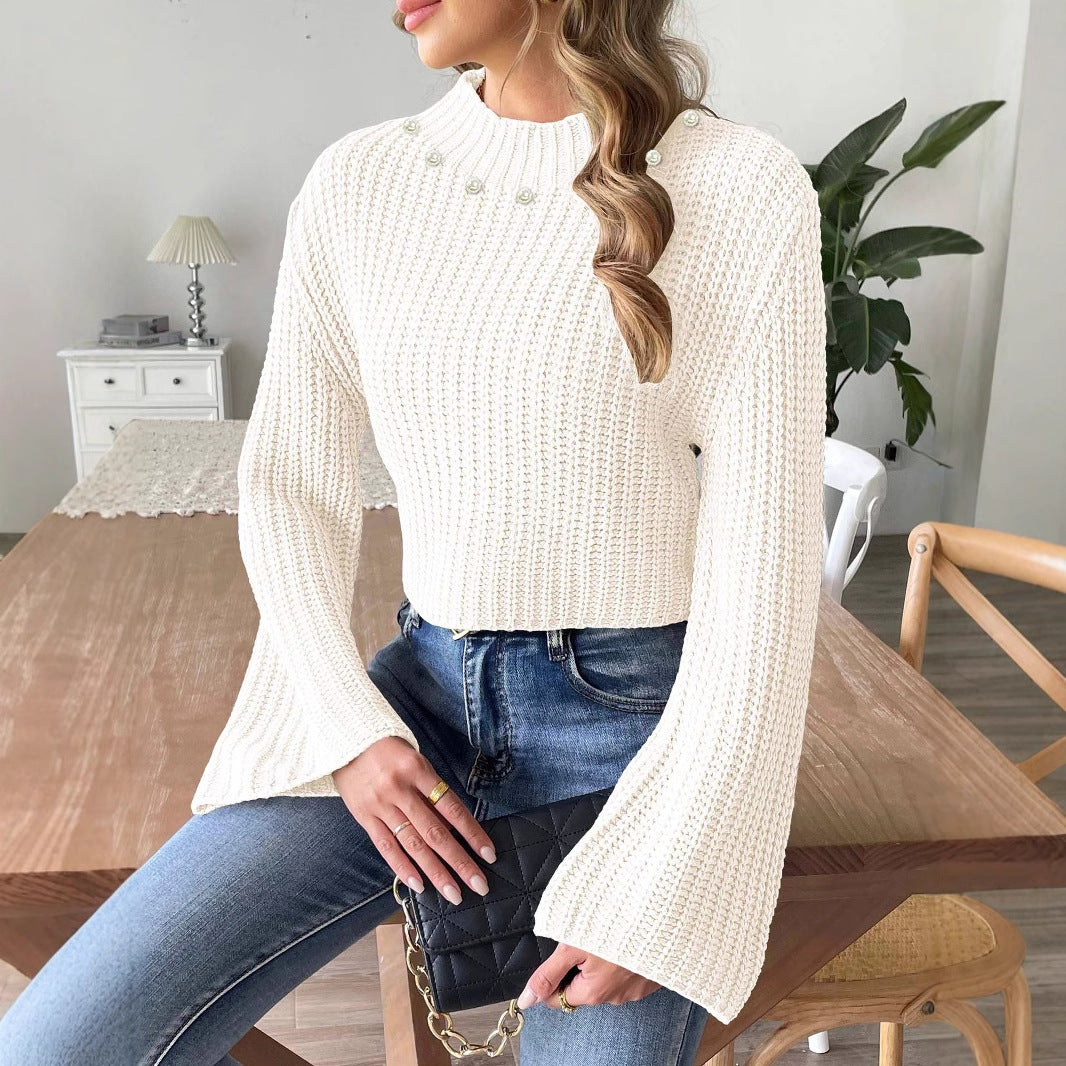 Women Short Cropped Top Beaded Woven Sweater Autumn Winter Bell Sleeve Half Turtleneck Pullover Sweater
