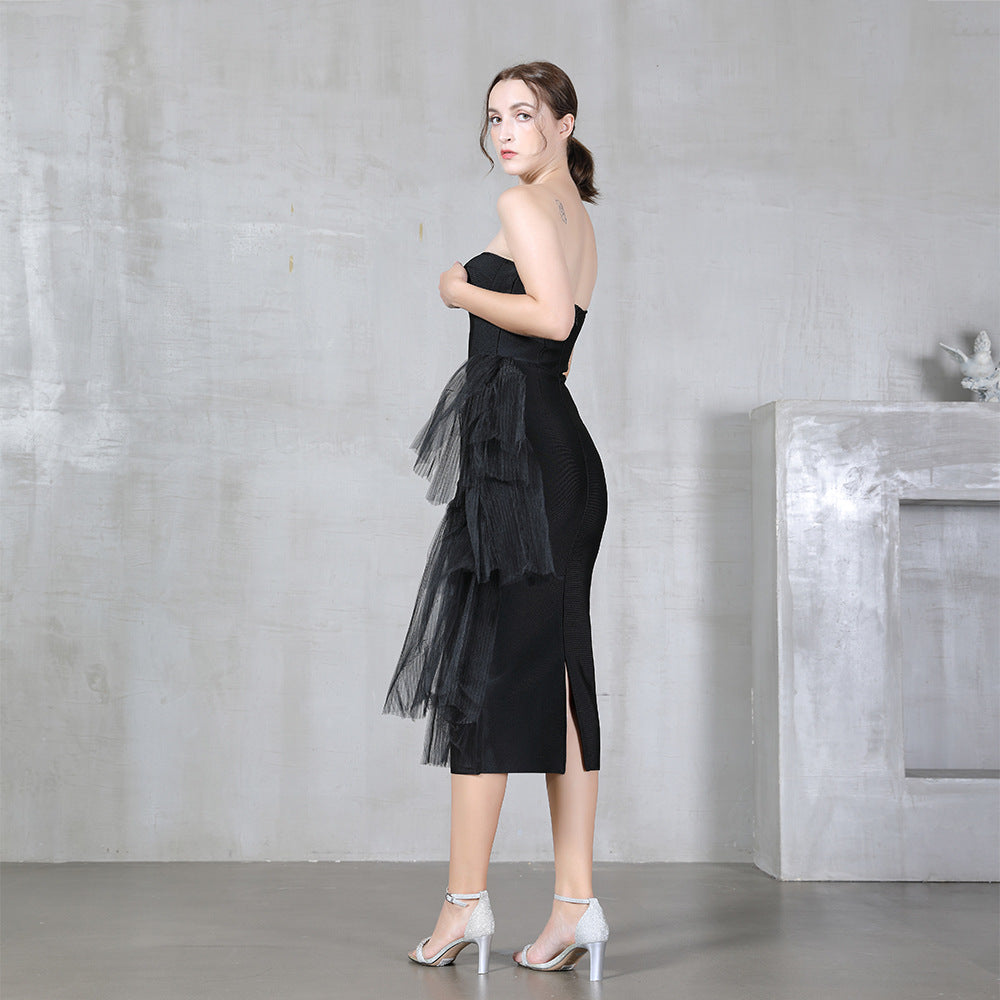Strapless Tulle Asymmetric Slit Bodycon Midi Dress