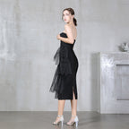 Strapless Tulle Asymmetric Slit Bodycon Midi Dress