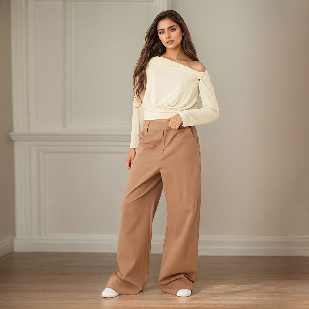 Women's Autumn Winter Long Sleeve Office Date Wear Match Niche Design Pleated Waist Tight One Shoulder Short Length Top For Women