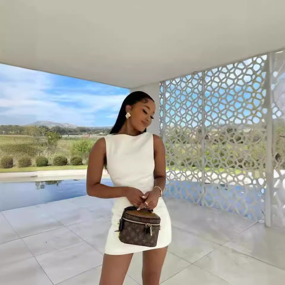 White Crew-Neck Sleeveless Bodycon Mini Dress