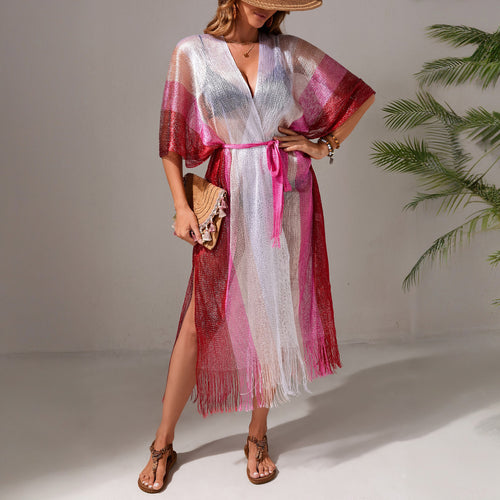 Pink and white beach cover-up with V-neck, tie waist belt, fringe trim and side slit