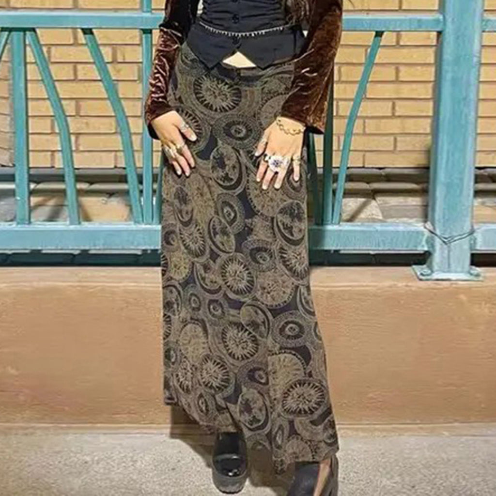 Ethnic Print Distressed Retro High Waist Cover Spring Skirt