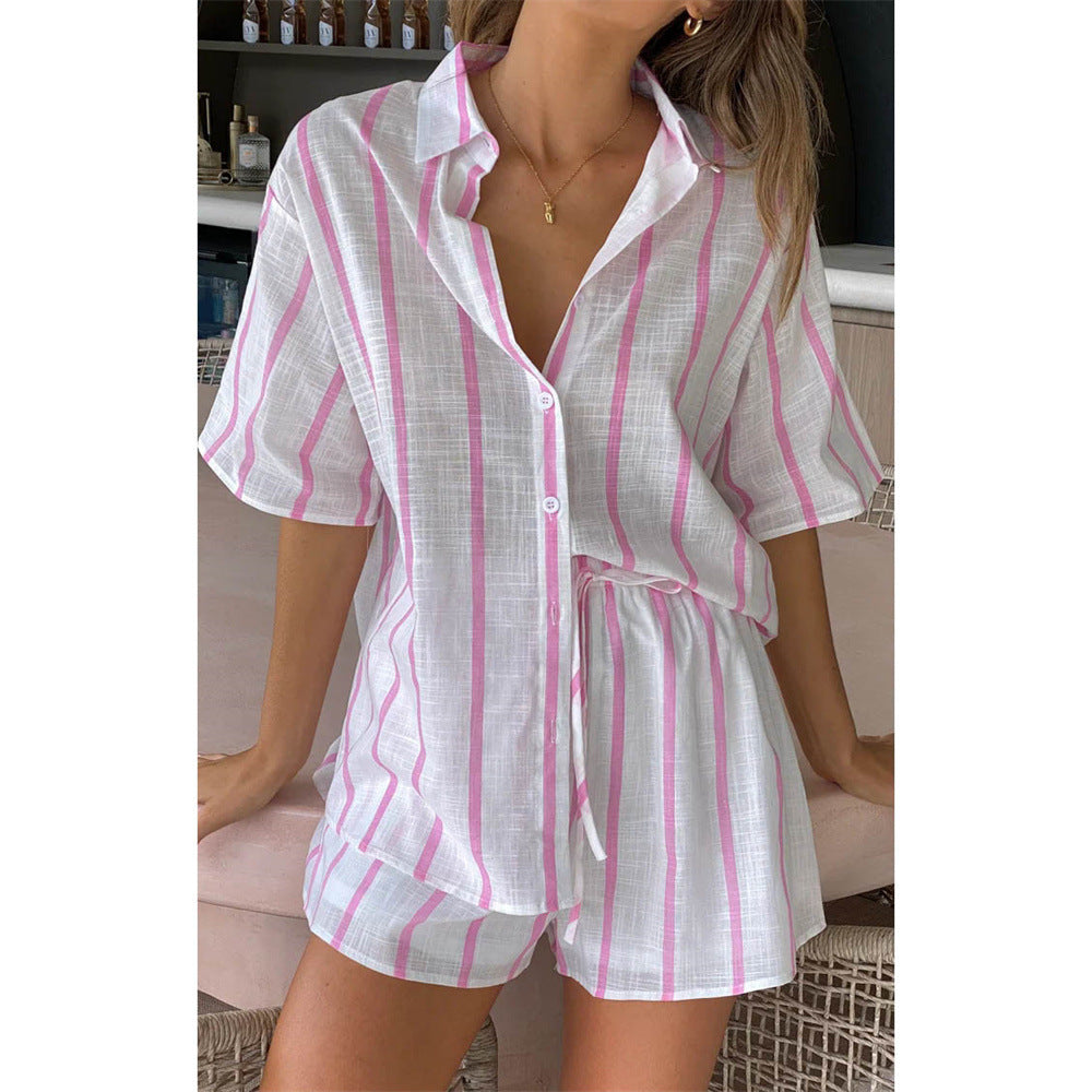 Women's Spring Summer Striped Printed Short-Sleeve Shirt Shorts Suit Beach Casual Two-Piece Suit Clothing