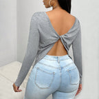 Women’s Gray Twisted Backless Long Sleeve Top