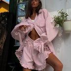 Flared Cardigan Top & Ruffle Shorts Set