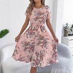 Spring Summer Elegant Floral Batwing Sleeve Lace-Up Cinched Waist Pleated