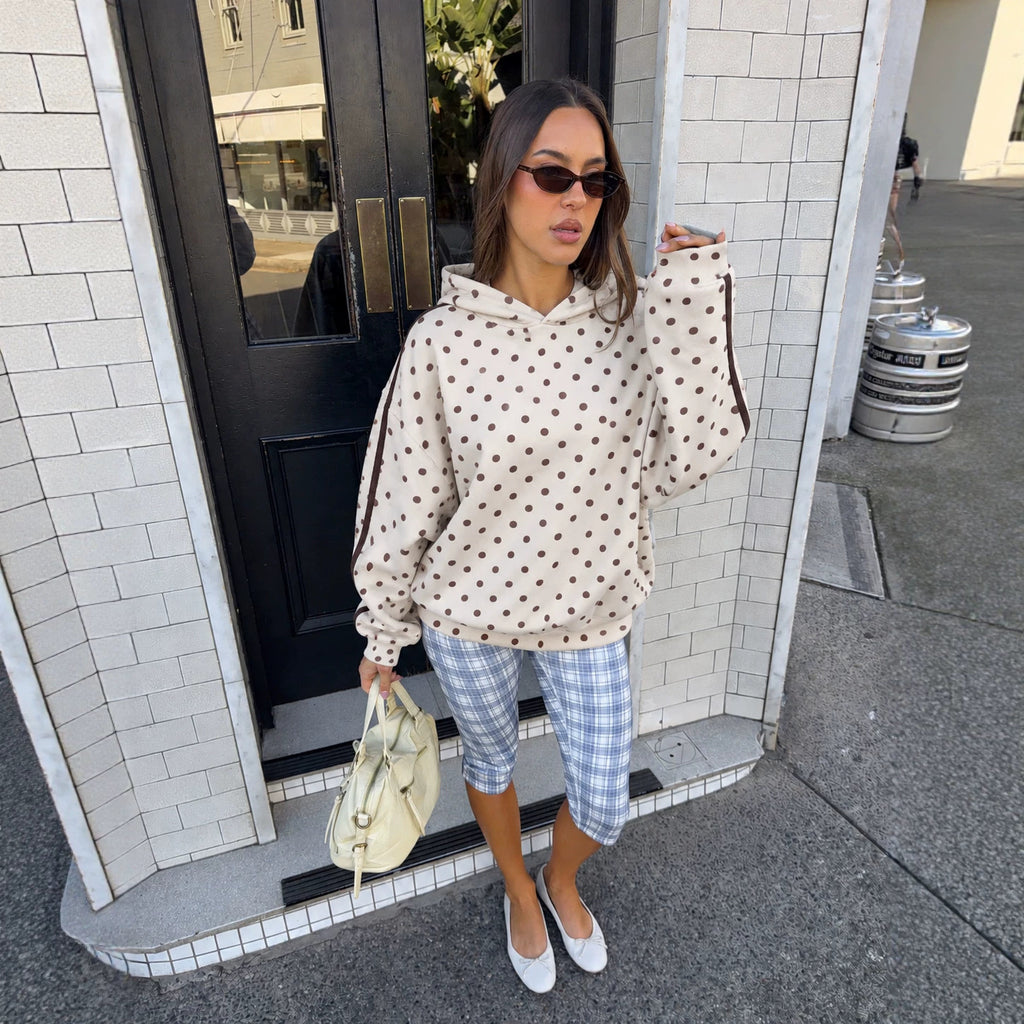 Women's Hooded Sweater Dots Printed Loose Shoulder Striped Stitching Hooded Jacket Top
