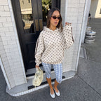 Women's Hooded Sweater Dots Printed Loose Shoulder Striped Stitching Hooded Jacket Top
