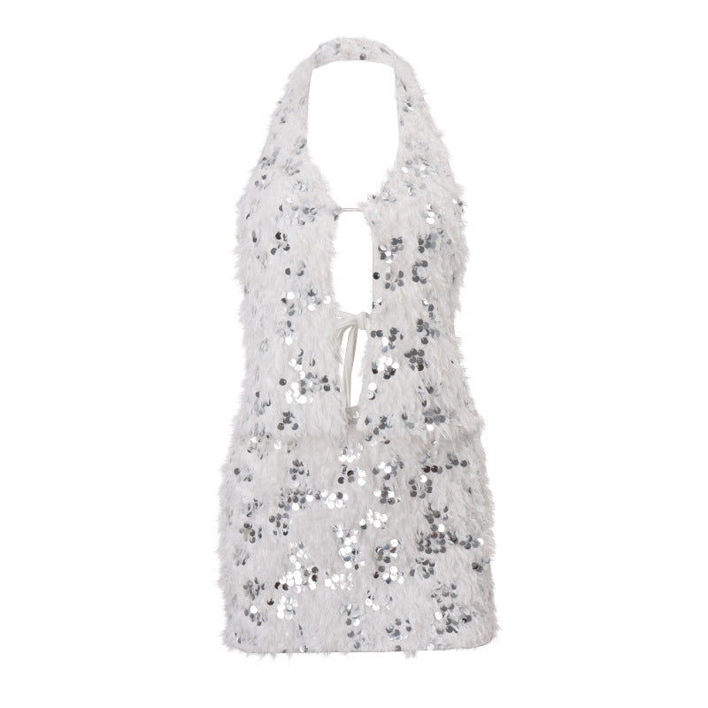 Nightclub Sequin Decorative Plush Backless Dress