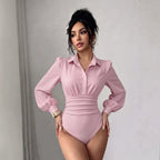 Polo Collar Breasted Bubble Long Sleeve Waist High Fork