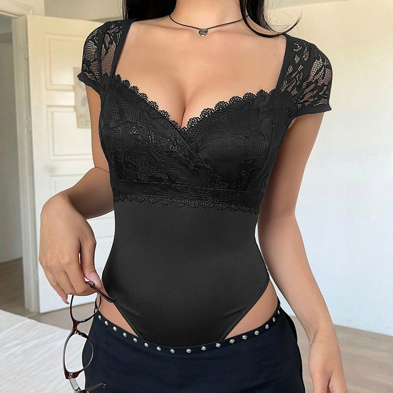 Women's Lace Square Neck Short Sleeve Jumpsuit