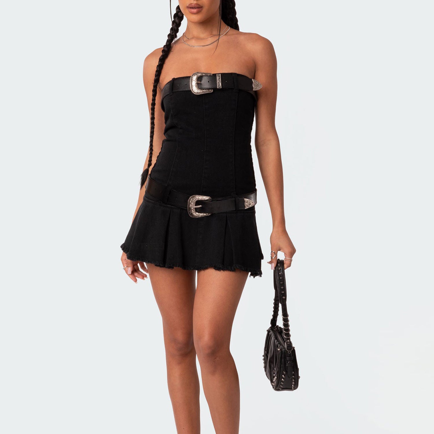 Strapless Cinched-Waist Denim Mini Dress