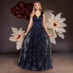 Women's Embroidered Sequin Deep V Evening Maxi Dress