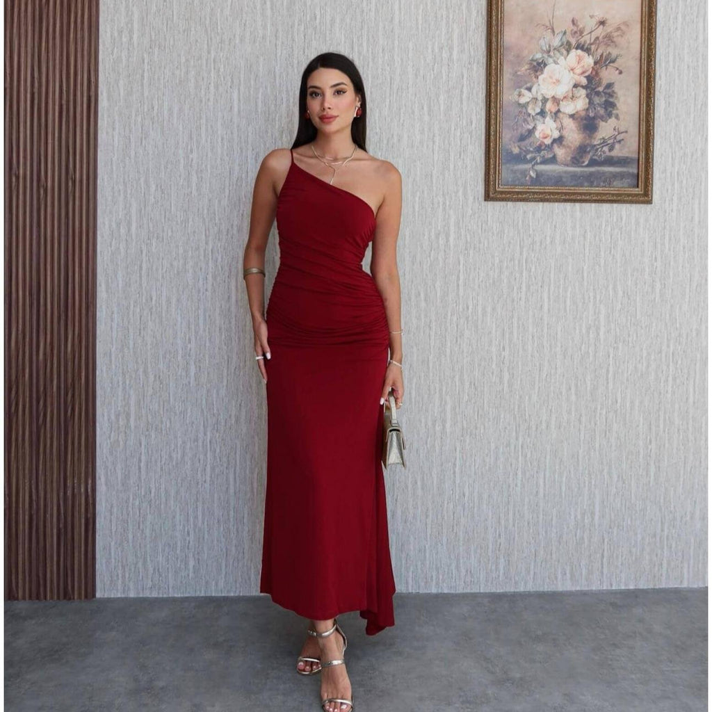 One-Shoulder Pleated Asymmetric Dress