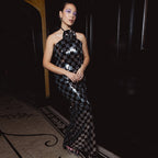 Women's Spring Maxi Dress Black White Plaid Sequin Stitching Halter Floral