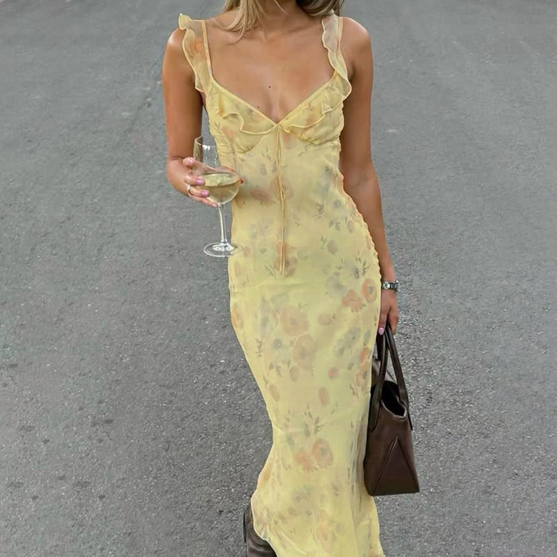Floral Backless Ruffled Bodycon Maxi Dress