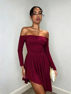 Burgundy off-shoulder long-sleeve mini dress with ruched waist and pleated skirt