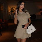High-Collar Button Short-Sleeve Knit A-Line Mini Dress