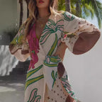 Long Sleeve Holiday Floral Print Long Sleeve Cardigan Lace-Up Dress