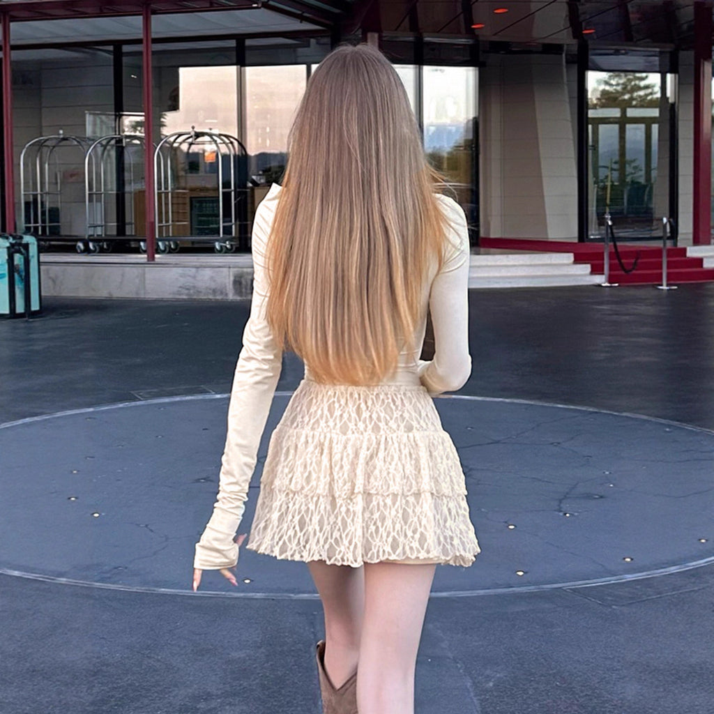 French Oblique Shoulder Solid Color Lace Stitching Long Sleeved Dress Women off Shoulder Slim Fit Figure Flattering Tiered Dress