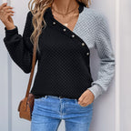 Casual Korean Color Block V Neck Rhombus Quilted Sweater