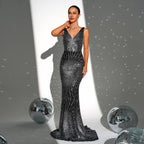 Women's Sleeveless Elegant Suspenders Long Sequined V Neck Dress