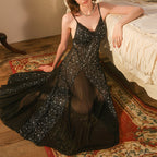 Women's Printed Mesh Deep V Maxi Nightdress
