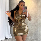 Metallic Glossy Features Swing Collar Sleeveless Halter Dress