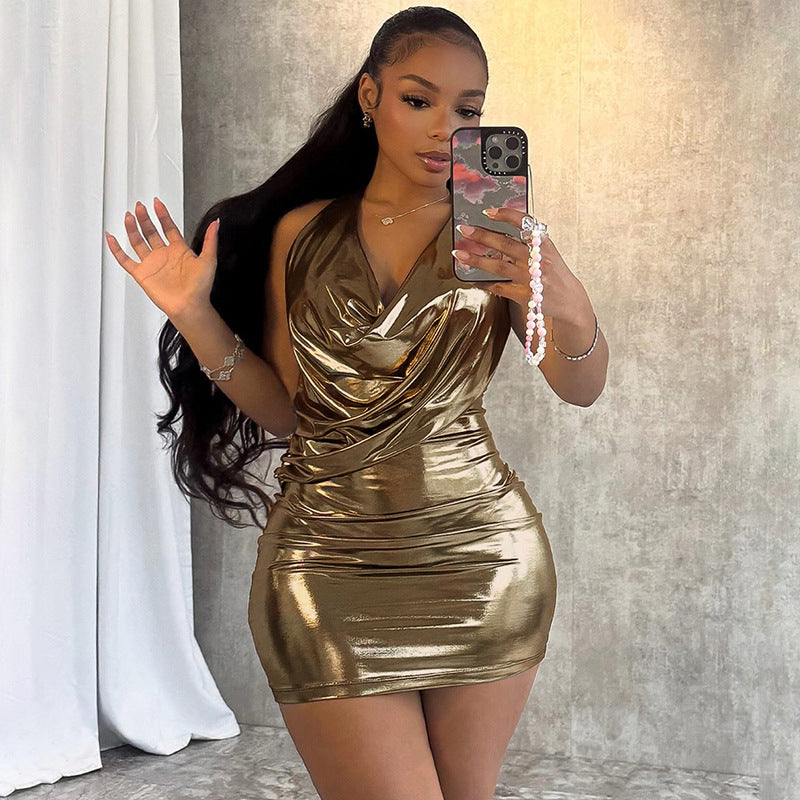 Metallic Glossy Features Swing Collar Sleeveless Halter Dress