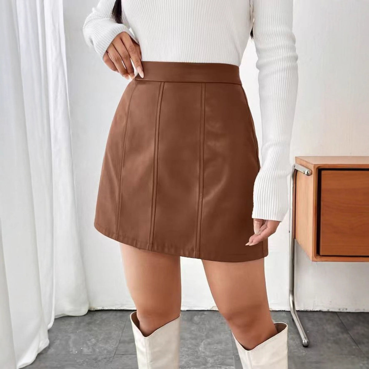 Retro Leather A Line High Waist End Package Hip Skirt
