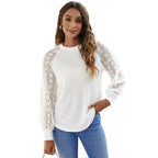 Women's Waffle Knit Lace-Trim Top – Long Sleeve Crew Neck
