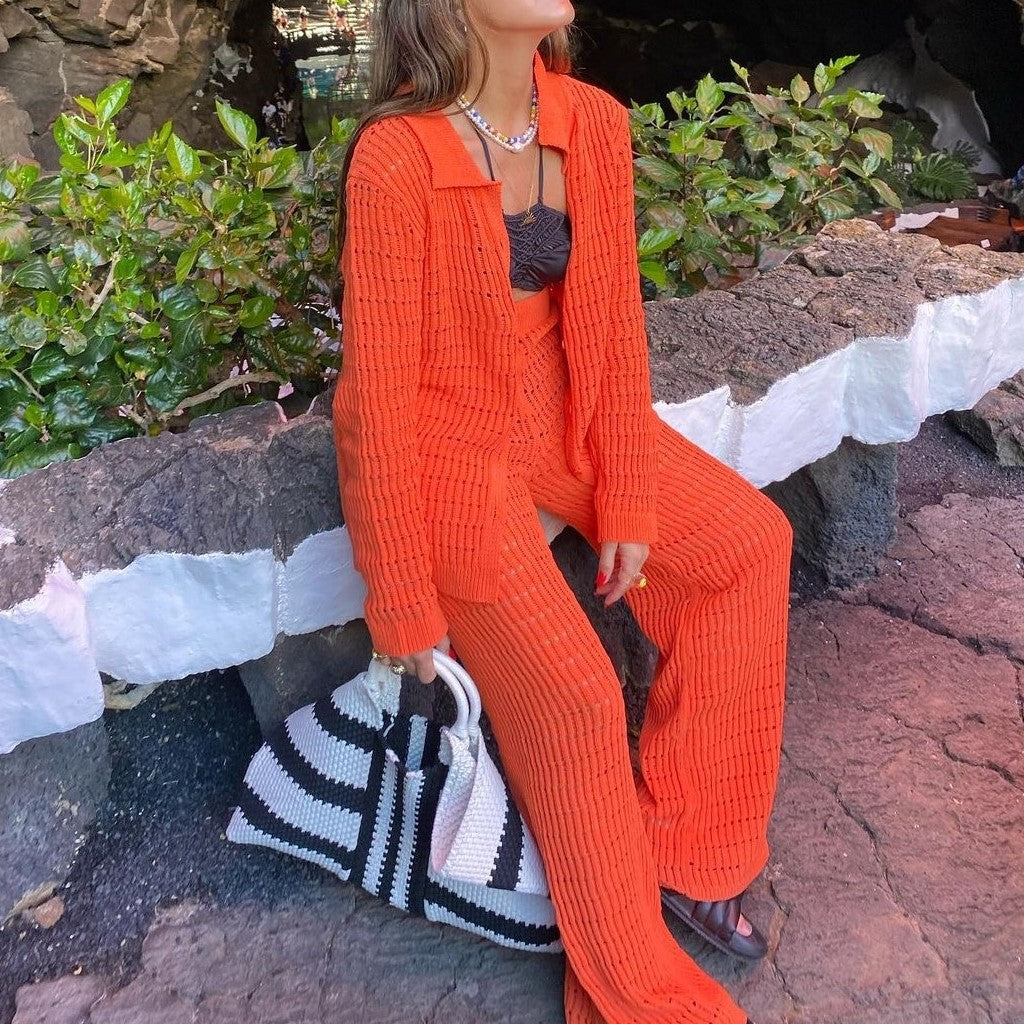Clothes Solid Color Straight Leg Pants Knit Two-Piece Set