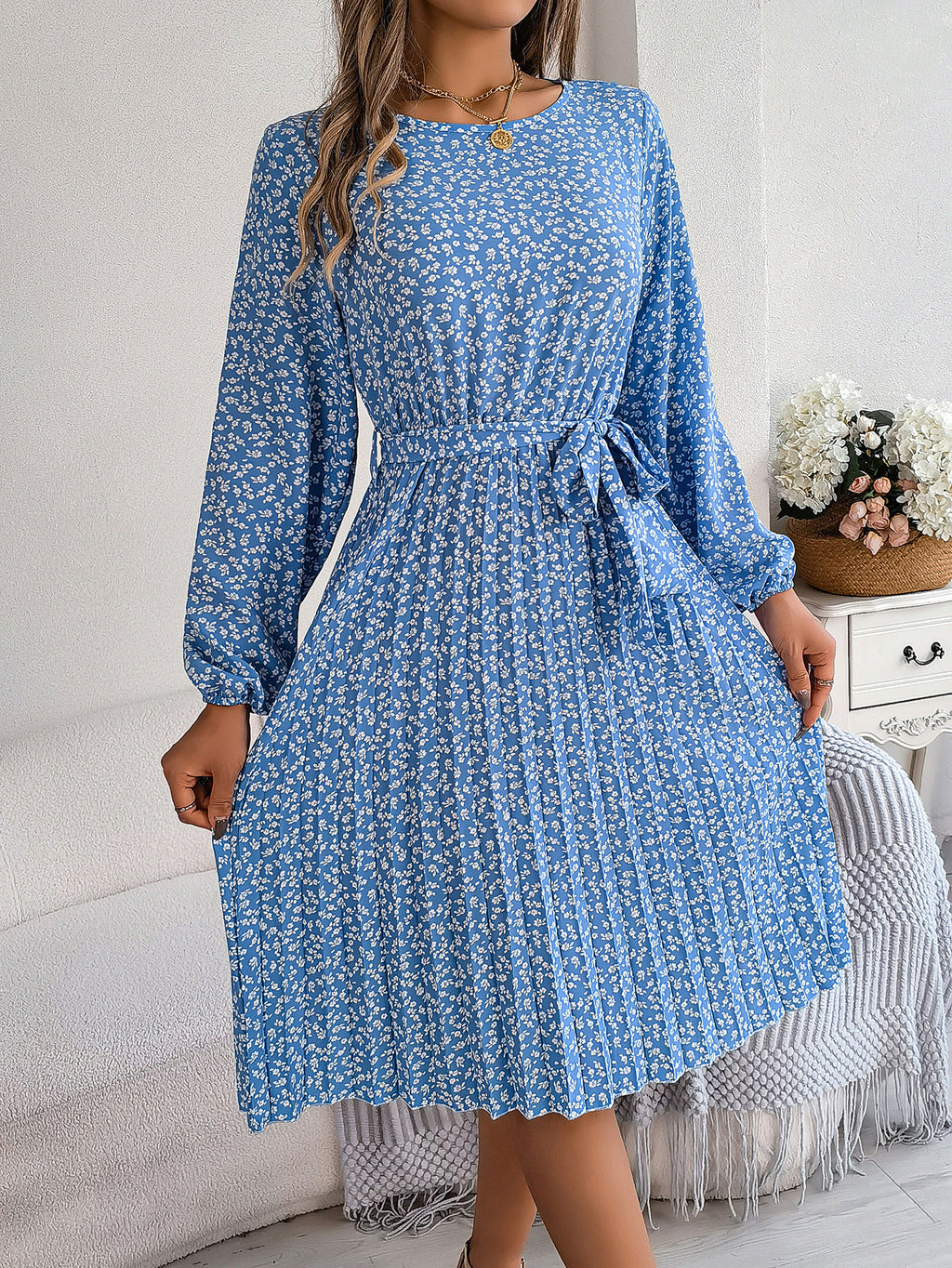 Floral Pleated Long Sleeve Midi Dress
